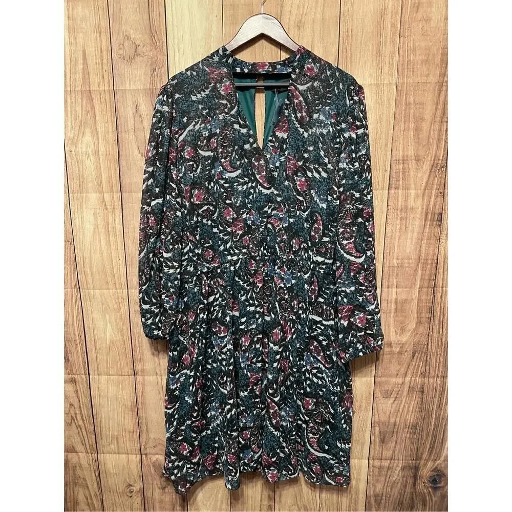 Lane Bryant size 24 NWT Dress Green Puff Long Sleeve Floral keyhole